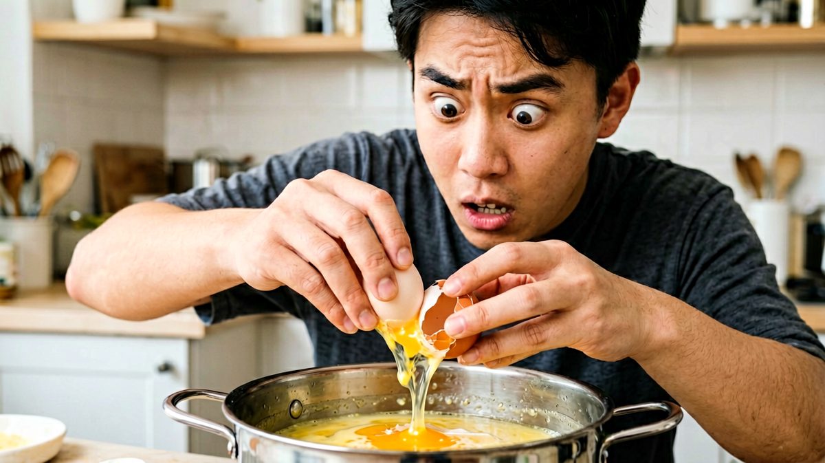 第2格：糟糕，蛋壳进去了……还能抢救一下！
