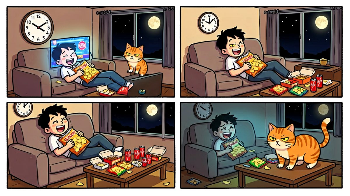 凌晨三点还在吃夜宵追剧，猫咪都看不下去了