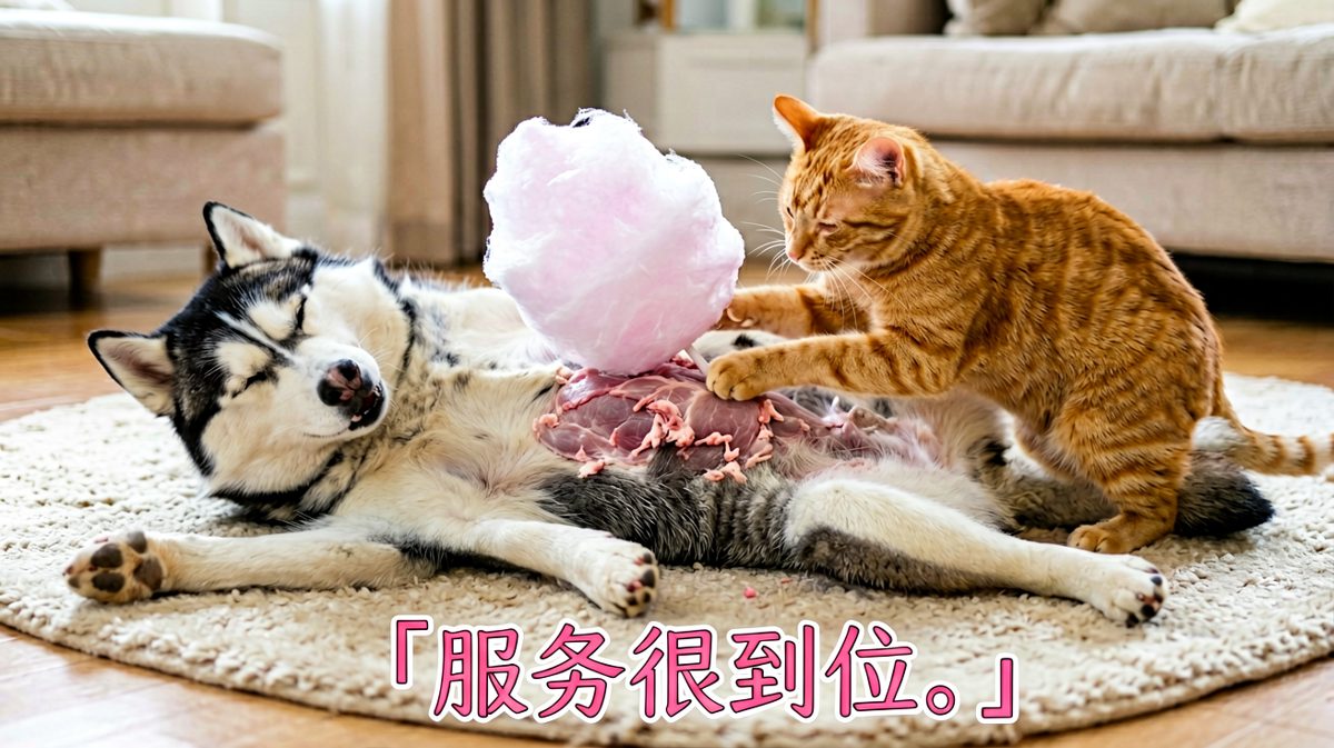 橘猫把哈士奇当成了按摩仪
