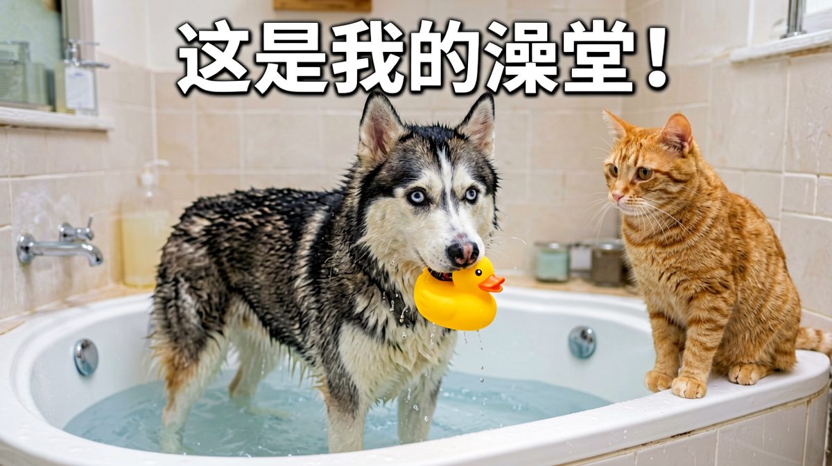 哈士奇霸占浴室的现场