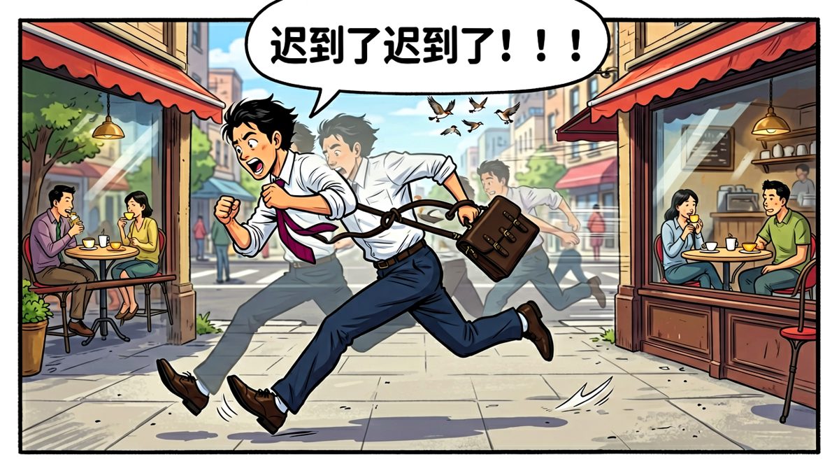 主角狂奔在路上，发型凌乱、鞋都跑飞了，上演生死时速