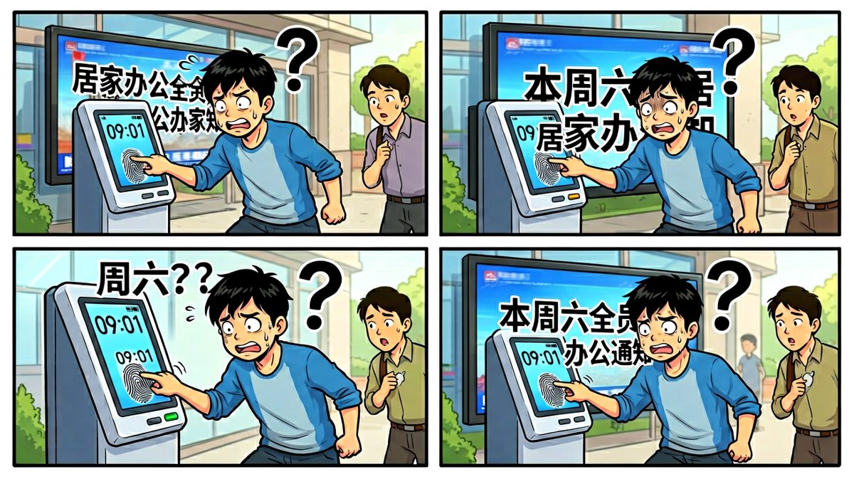 赶到公司发现是大屏幕上的周六居家办公通知，表情瞬间凝固