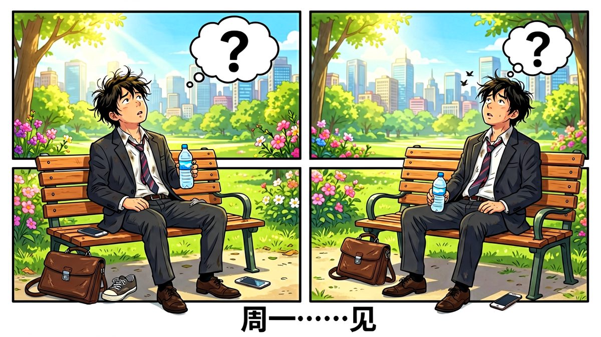 主角坐在公园长椅上放空灵魂，旁边散落着奔跑时的狼狈装备