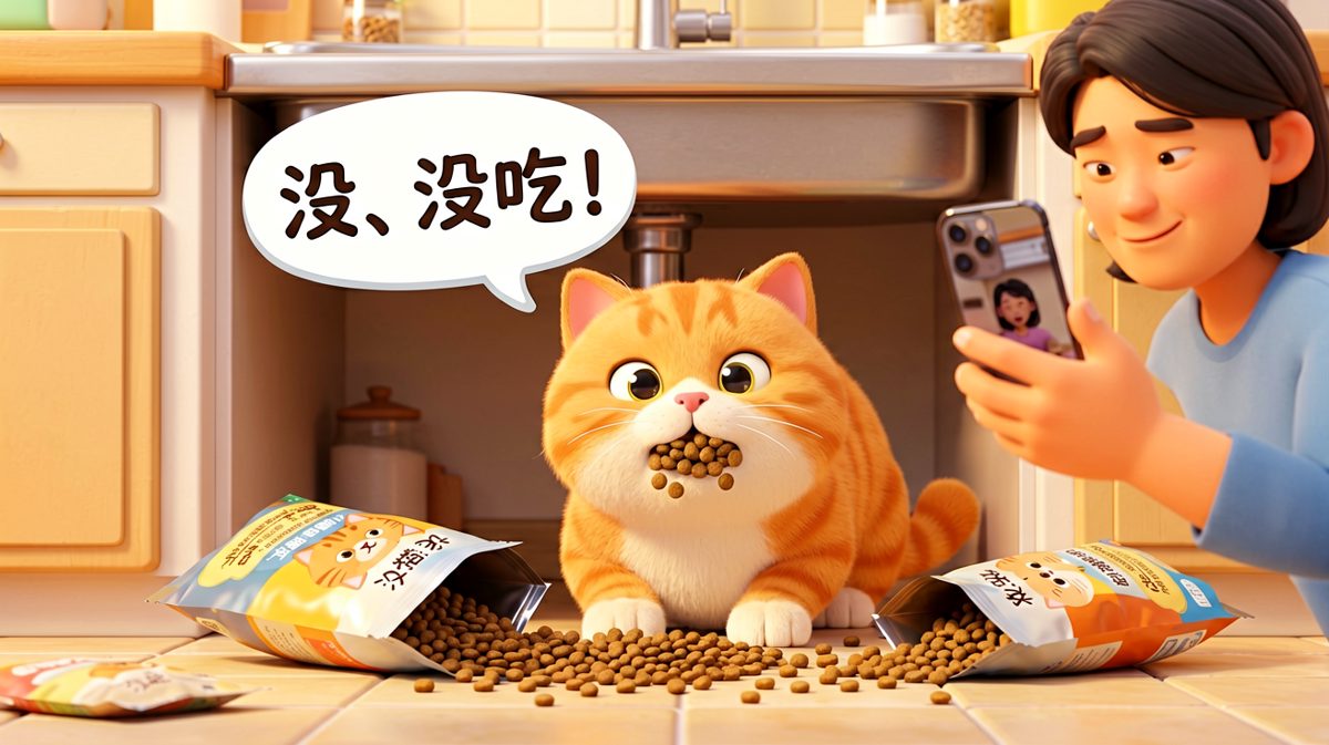 被当场抓包的偷吃现场，猫咪的辩解毫无说服力。