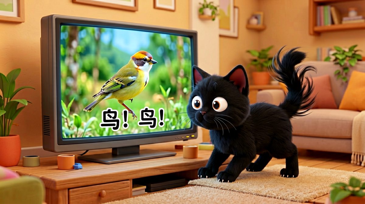 电视里的小鸟让猫咪的捕猎本能彻底觉醒。