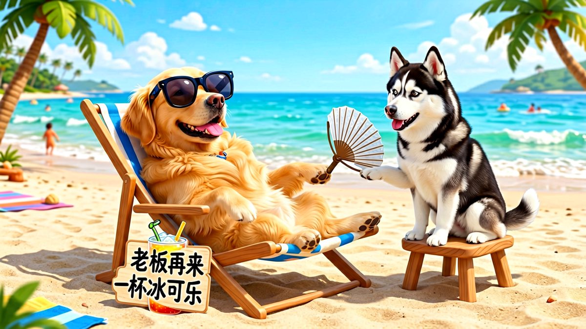 金毛的度假生活，连狗奴都给它当起了服务员。