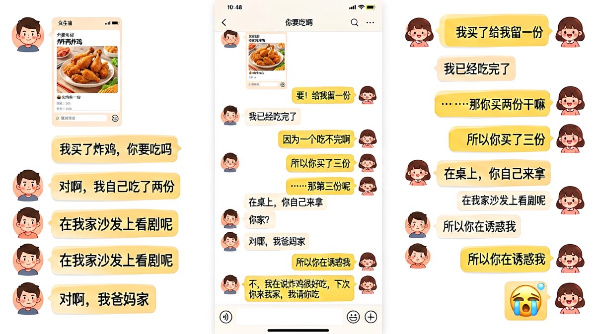 女生说请吃炸鸡，结果男生发现她在自己家里吃独食。