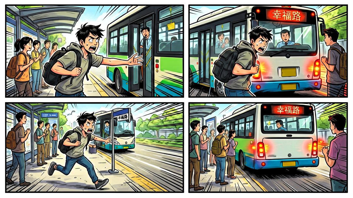 再跑一步就能赶上——结果车先跑了。