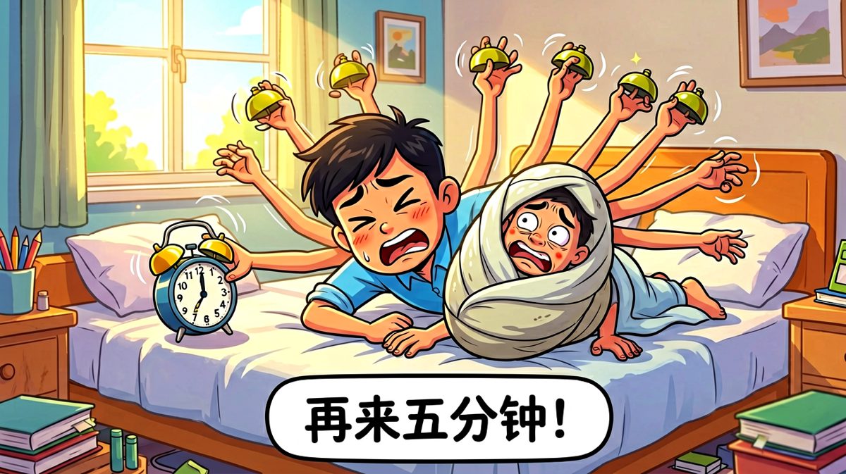 闹钟响起，小明做出最后的挣扎：再睡五分钟。