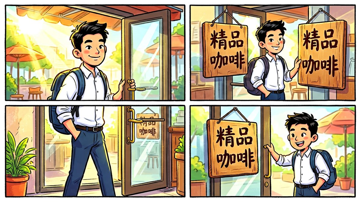 自信满满走进咖啡店的上班族