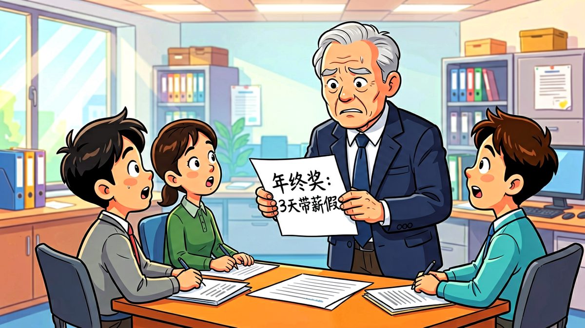 老板说要给年终奖，员工期待脸，结果是一个纸袋装的3天假条