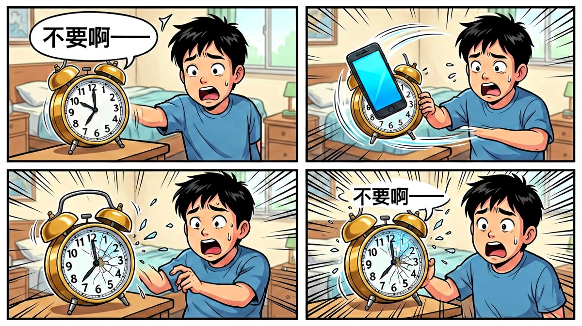 关闹钟用力过猛，手机飞了