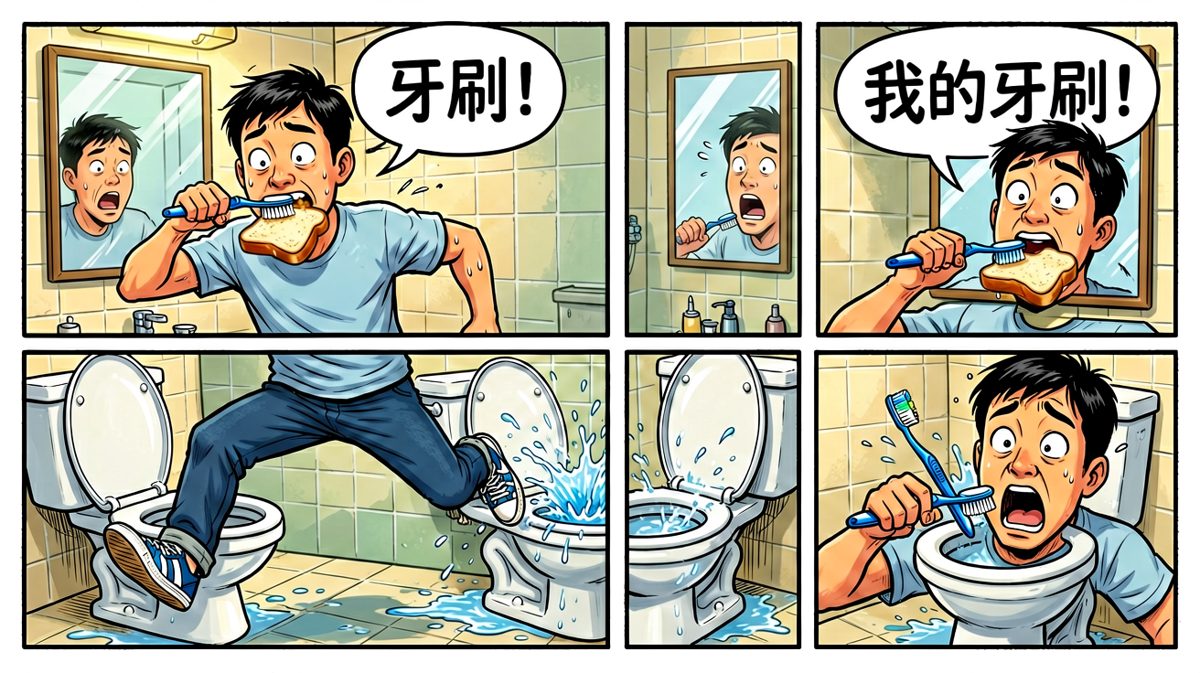 手忙脚乱刷牙，牙刷坠入马桶