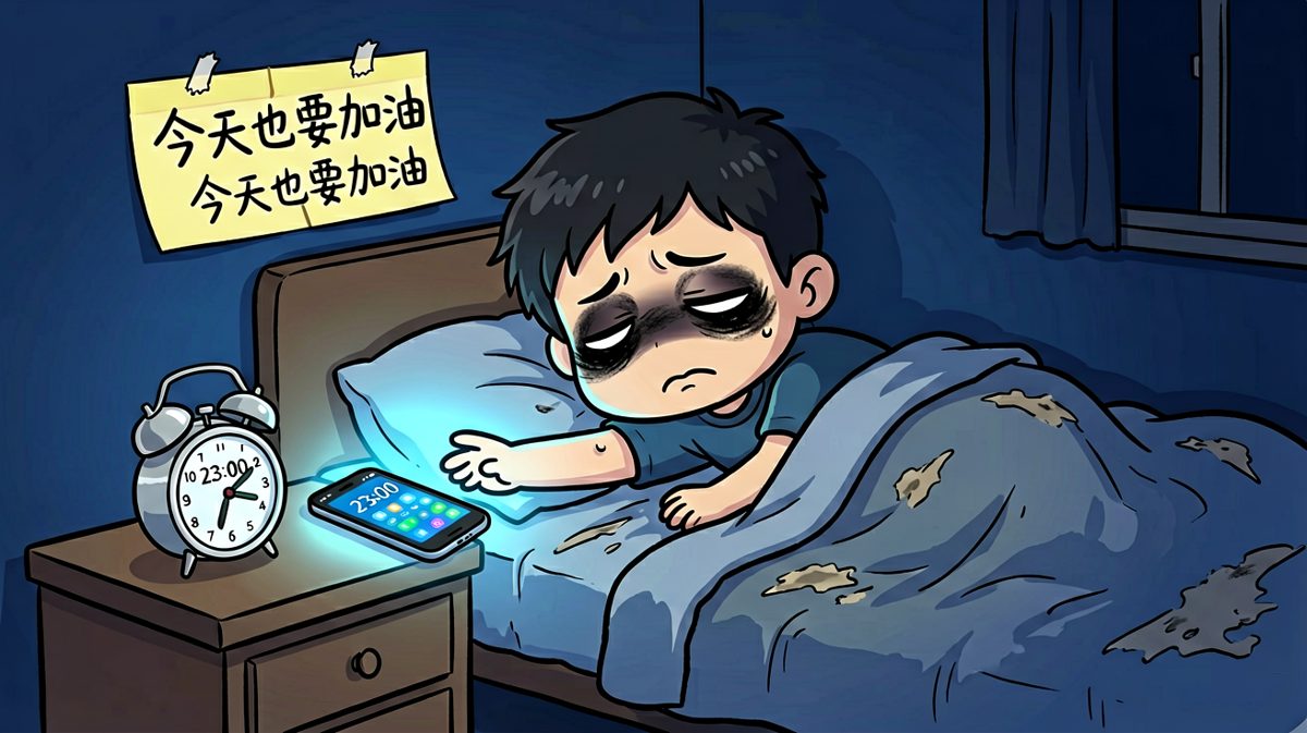 深夜11点，刚加完班的他终于爬回床上，按掉最后一班闹钟。