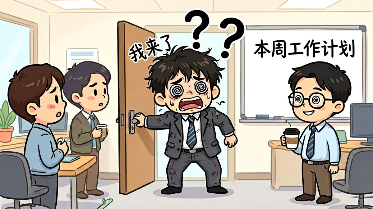 他冲进办公室大喊'不好意思我来晚了'，同事淡定地指了指日历说：哥，今天周六。