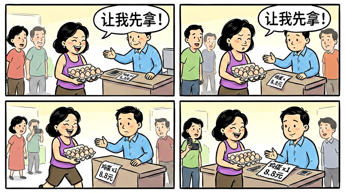 阿姨抢在大爷前面买走了最后一盒鸡蛋