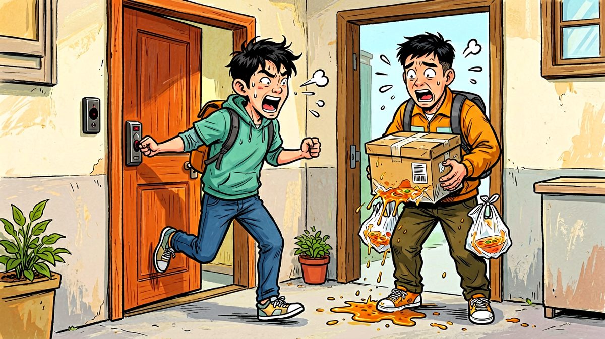 第三步：外卖终于到了，但打开一看——全洒了。