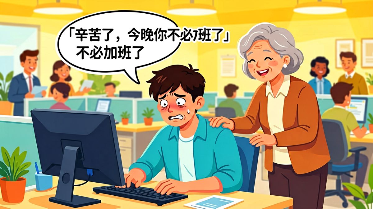 老板说今天不用加班，员工刚要欢呼，第二句气泡弹出：「因为明天可以早点来」