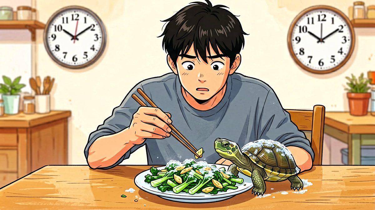 第2格：喂食现场，乌龟愣是一口没动，男生等到花儿也谢了。