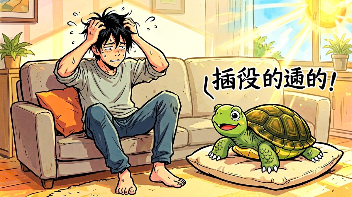 第4格：主人崩溃了，乌龟却活成了人生赢家。