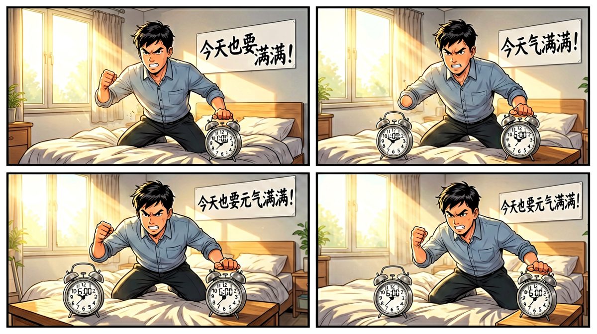 男生信心满满地设定闹钟，决心早起做一顿丰盛早餐。
