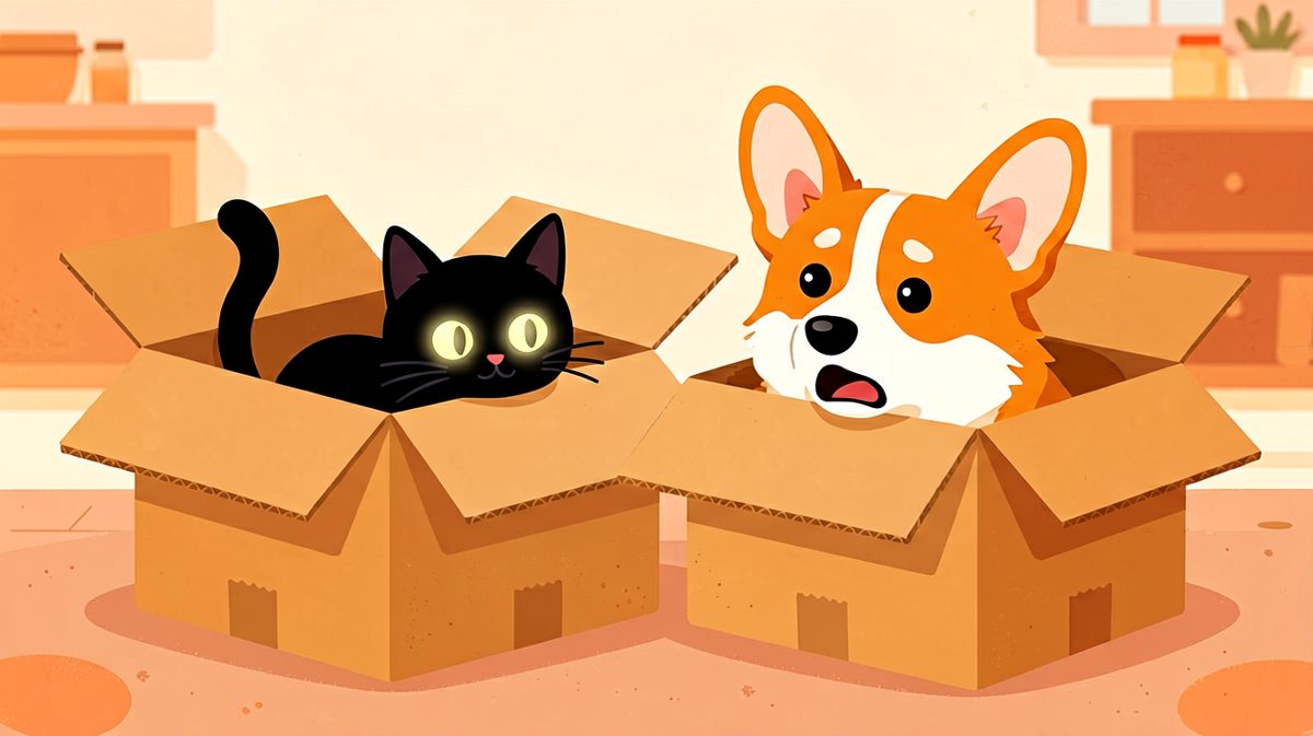 猫：这个箱子是我的VIP包间。狗：我只是想进来吹空调……