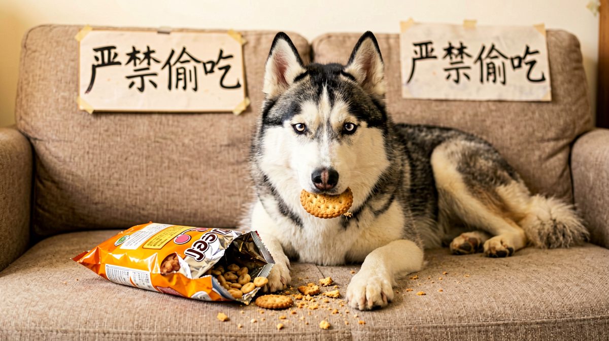 哈士奇：不是我吃的，是风把袋子吹倒的。