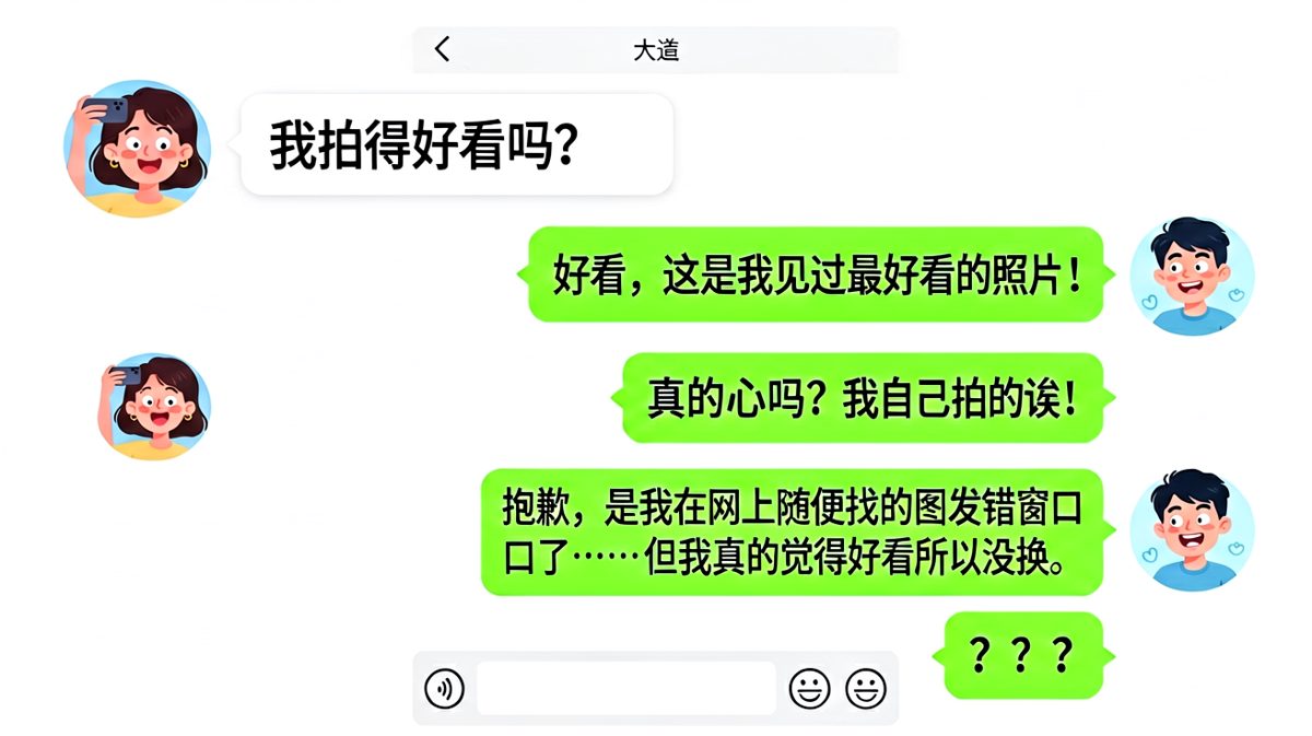 男生夸女朋友照片好看，结果 confession 是自己网上随便找的图。