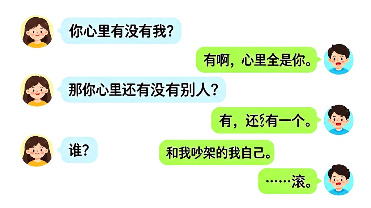 女生问心里有没有自己，男生神回复心里还有个'吵架的自己'。