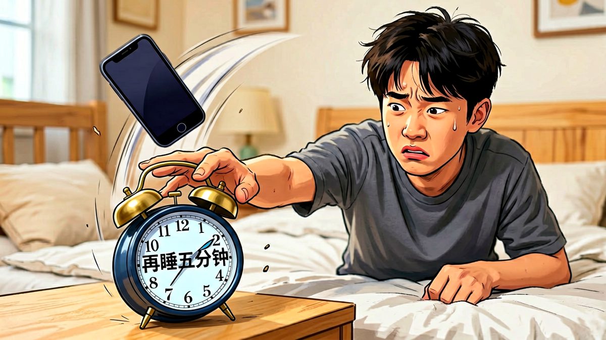 一巴掌把闹钟拍飞，画面定格在惊险瞬间。