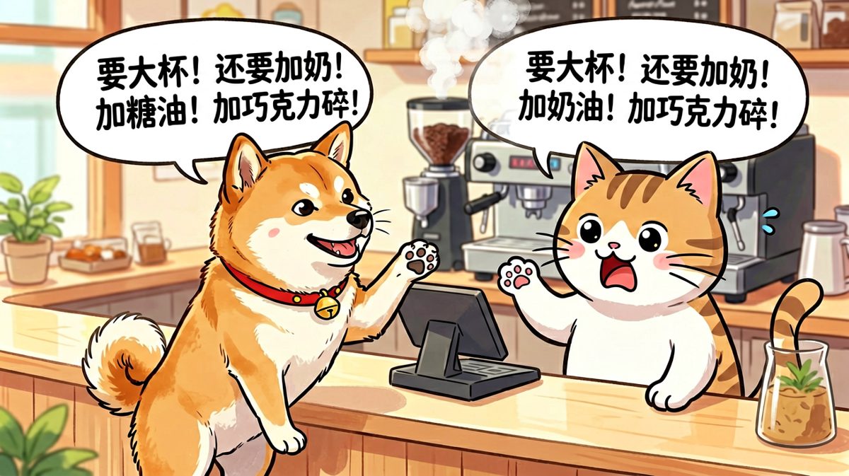 柴犬一口气点了五种附加配料，店员表情管理失控。
