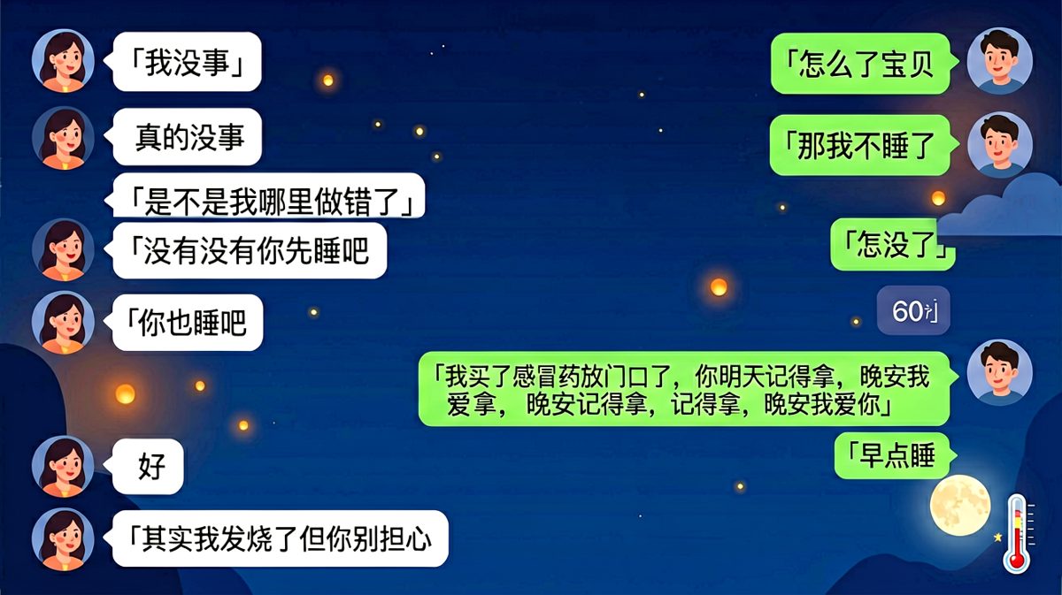 我没事 = 我发烧了 + 我在等你发现 + 你怎么还在问