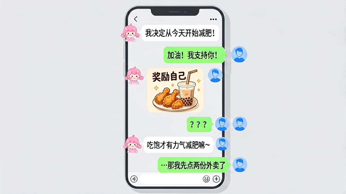 女生发誓减肥却立刻用美食犒劳自己，男生的崩溃藏都藏不住。