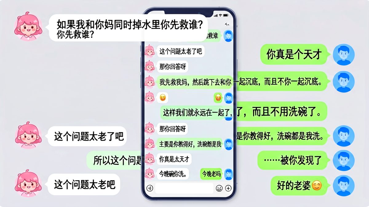 经典送命题被男生用'一起沉底加洗碗'巧妙化解，最终逃过一劫。