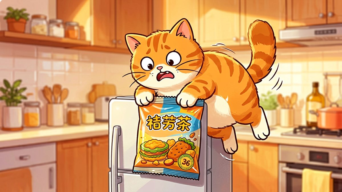 橘猫挑战冰箱顶层零食，差一秒就上演'自由落体'。