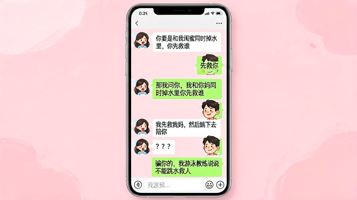 送命题连环套，男生反手教女生游泳知识。