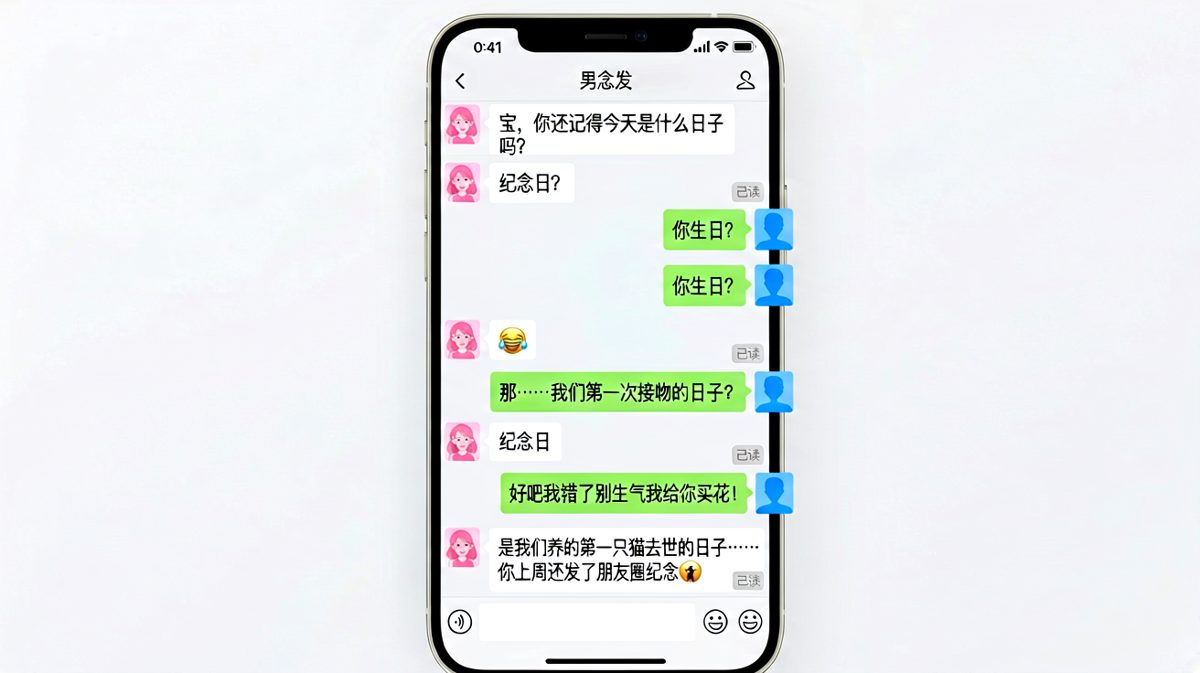 男生三次答错纪念日，最后发现女生在等一个他上周就发过的朋友圈答案。