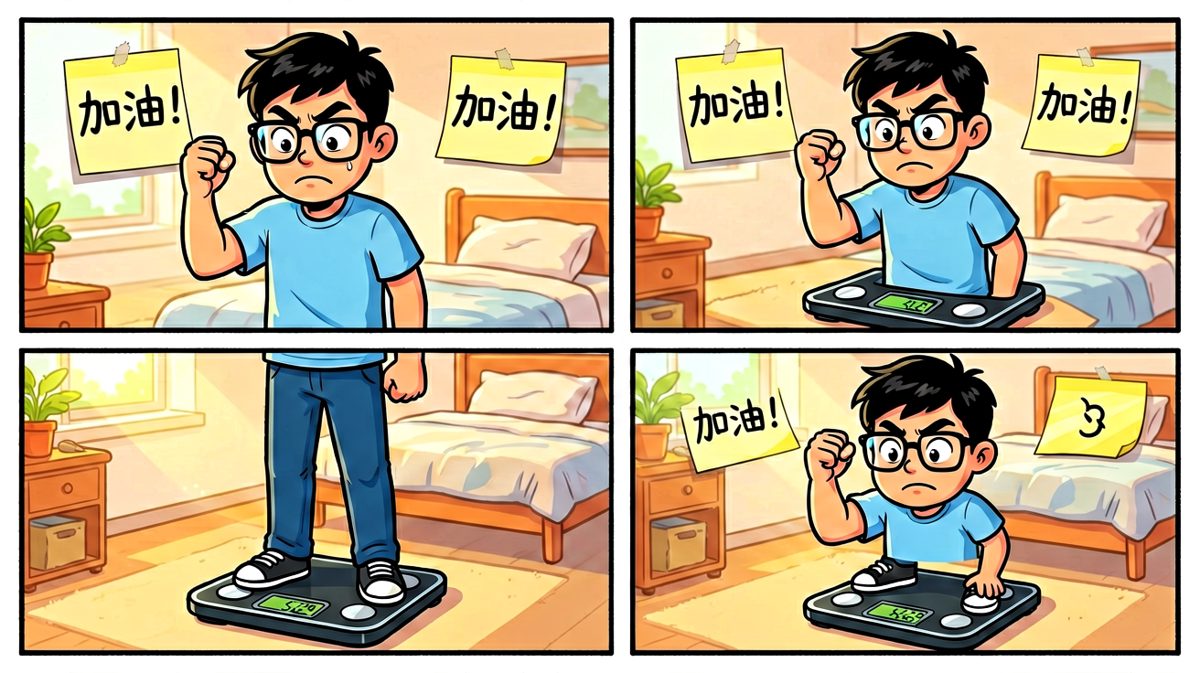 看着体重秤上的数字，他下定决心：今天开始减肥！