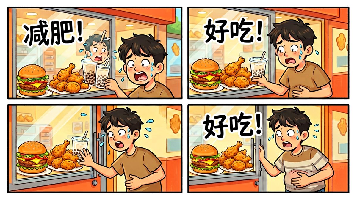 路过美食店，内心的两个小人在激烈打架。