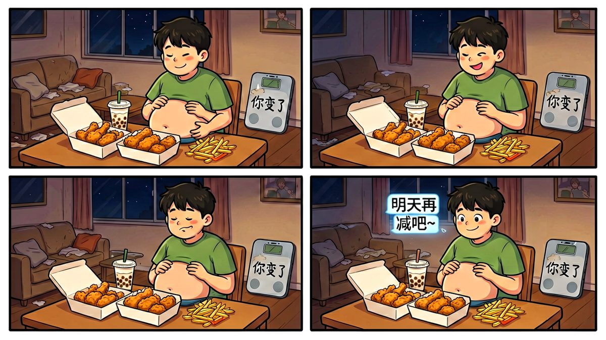 吃饱喝足后安慰自己：明天再减吧——经典永流传。