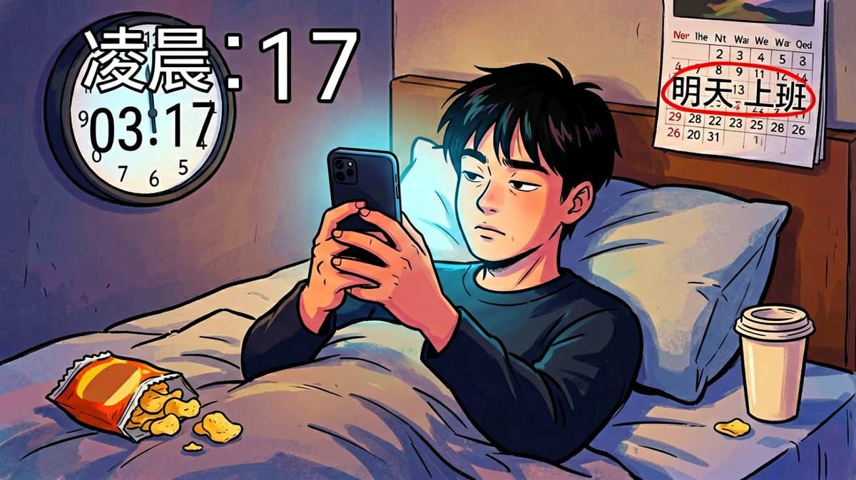 嘴上说着'明天早睡'，手上却停不下来——熬夜选手的日常。