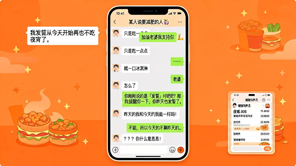 女友发誓戒夜宵，男友默默下单并附上神吐槽。