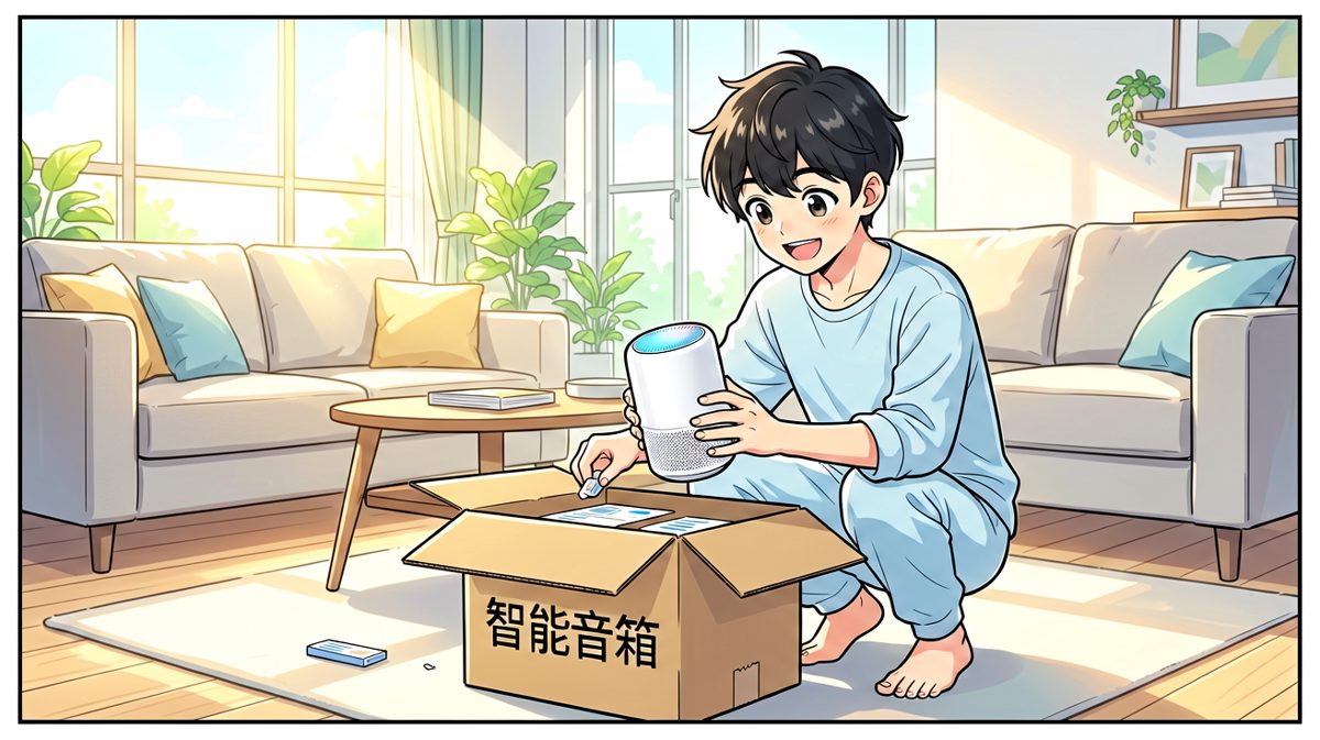 小明拆快递，对智能音箱充满期待