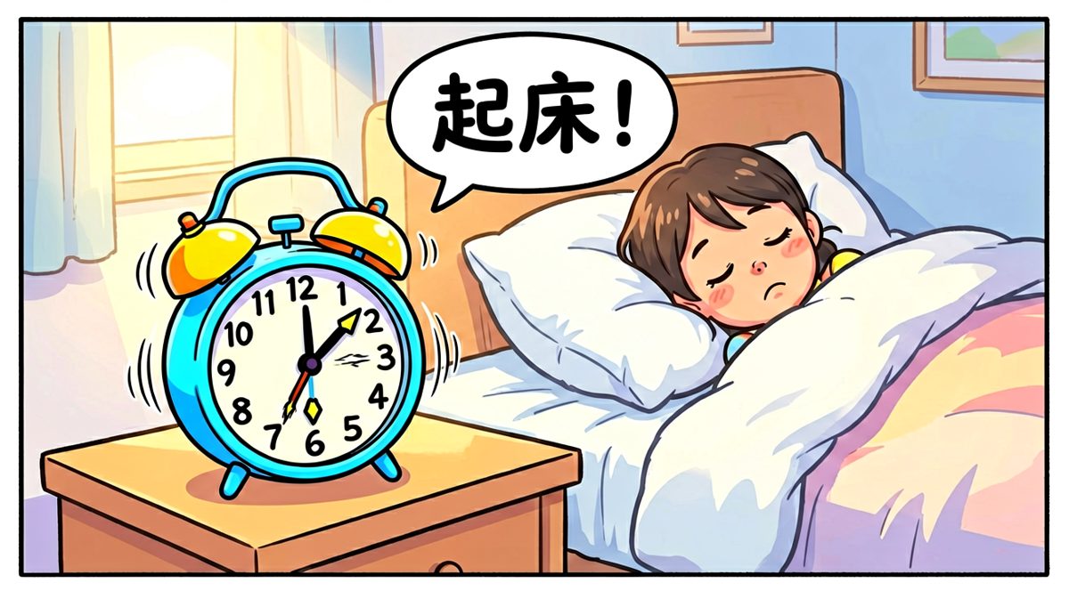 闹钟准时响起，主人公还在梦乡