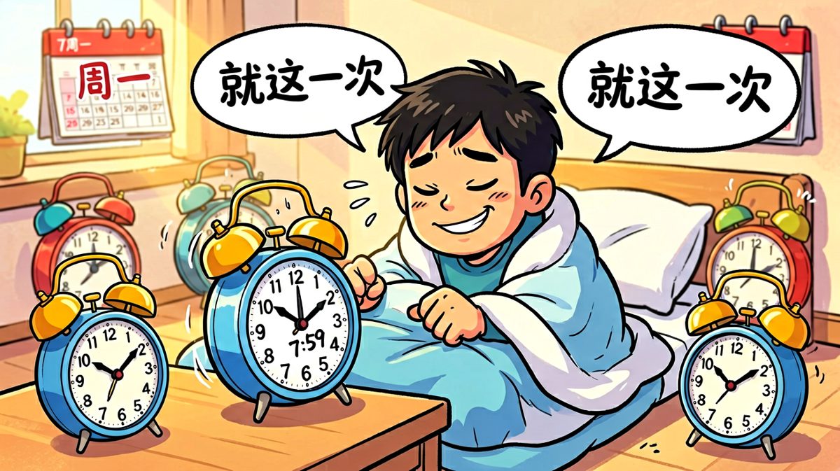 闹钟响了又按，心想再睡五分钟没关系