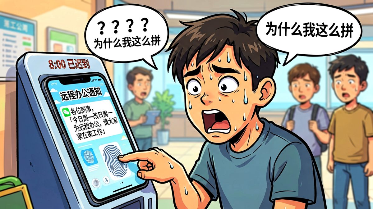 刚到公司就收到通知：今天可以远程办公，白跑了！