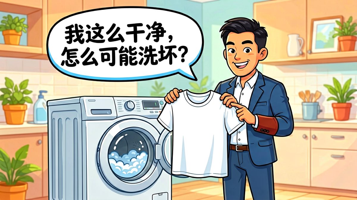 自信满满的男子准备洗涤心爱的白T恤