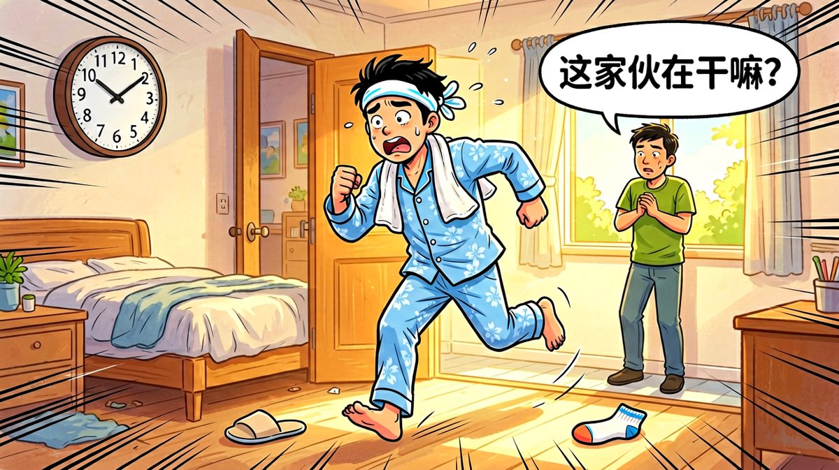第3格：意识到时间已经迟到，疯狂出门追赶。