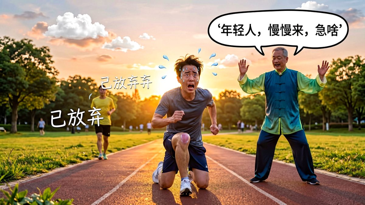 第4格：跑到公园直接累趴，大爷的嘲讽补刀。