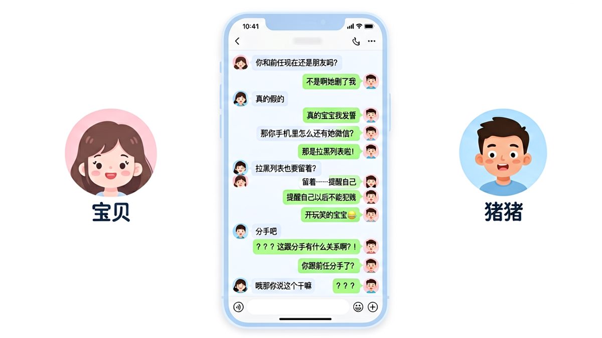 男生试图证明自己和前任没关系，结果越描越黑，被问得语无伦次。